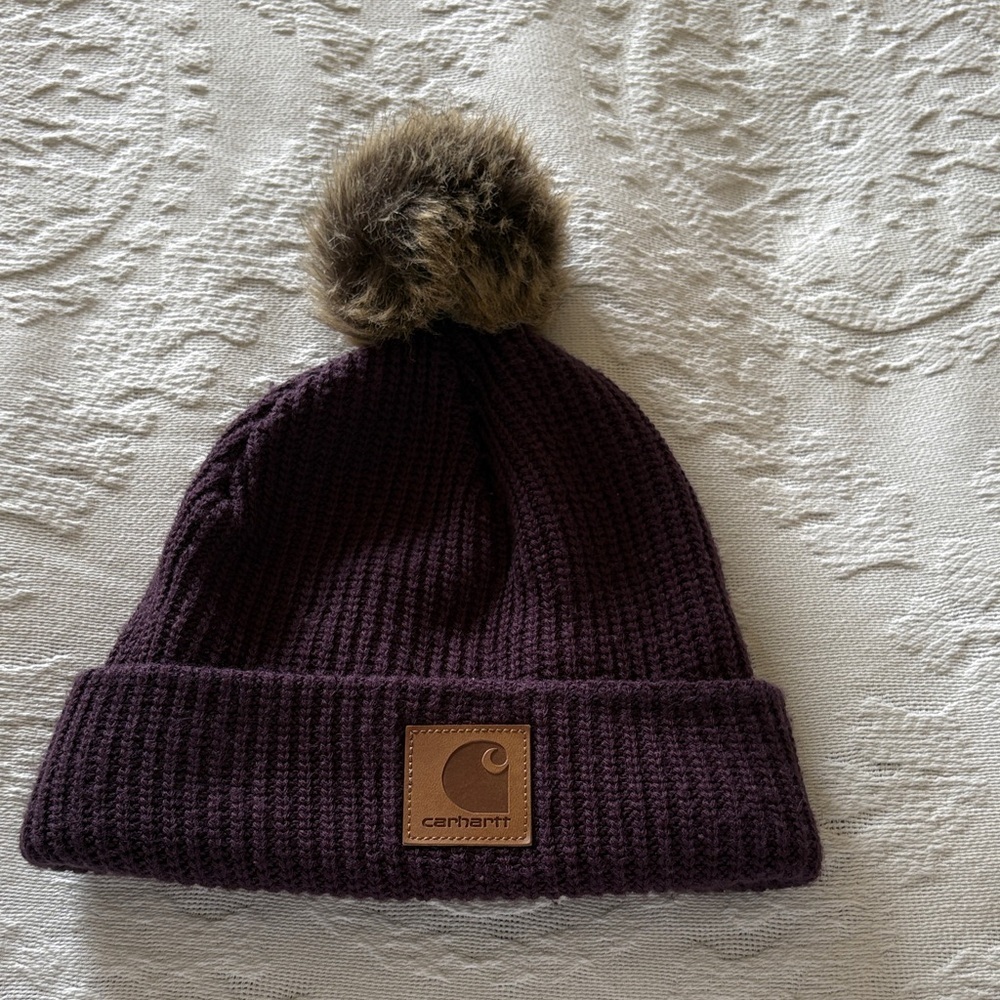 Carhartt Dark Purple Beanie with Faux Fur Pom Unisex Gently Loved One Size